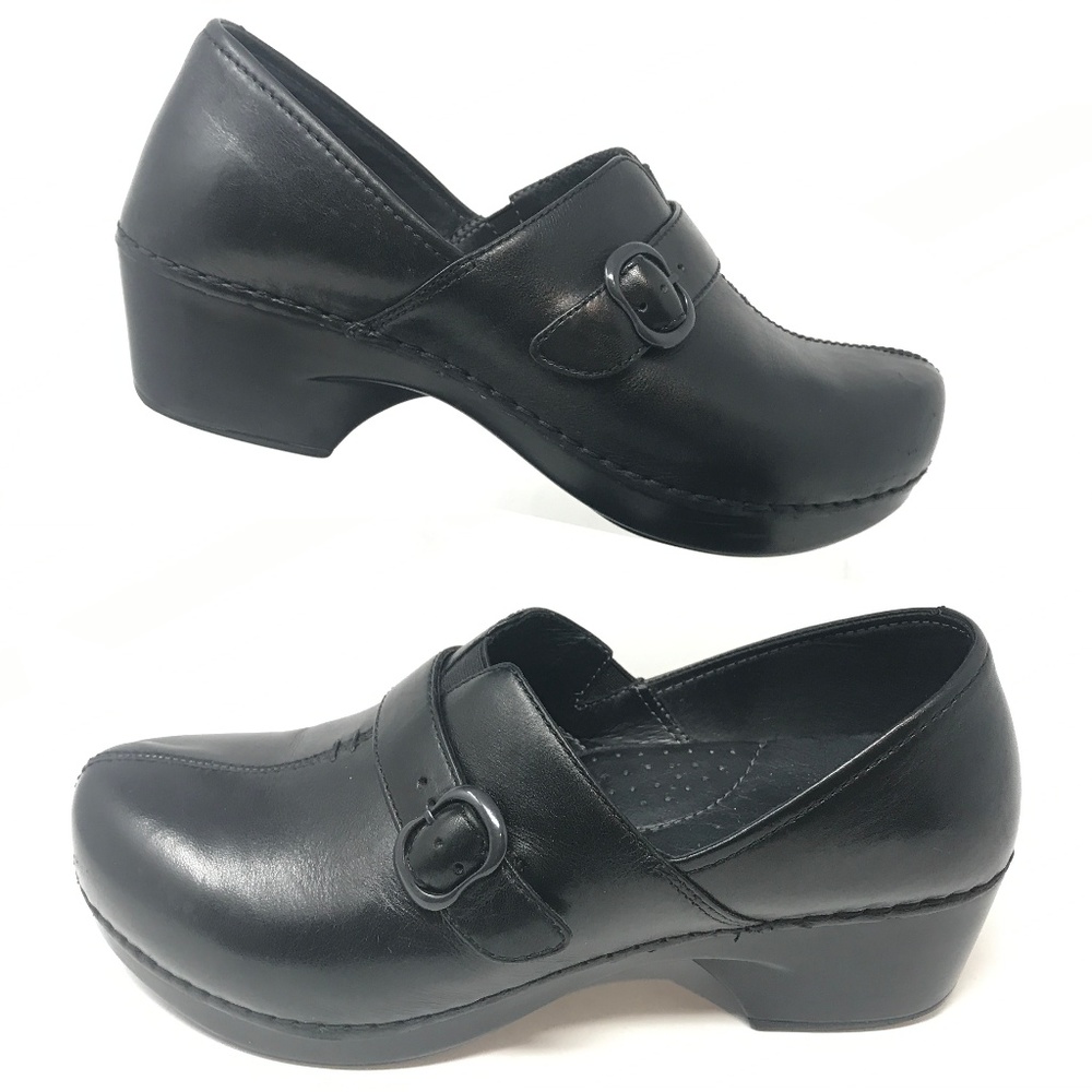 DANSKO Tamara Black Leather Buckle Strap Clogs